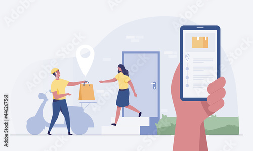 Delivery man with paper bag give to woman costumer. vector illustration