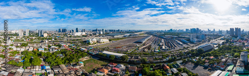 Aerial view of Bang Sue Grand Station Bangkok Thailand. Expressway, Trains and high-speed trains And Road traffic an important infrastructure. 4K