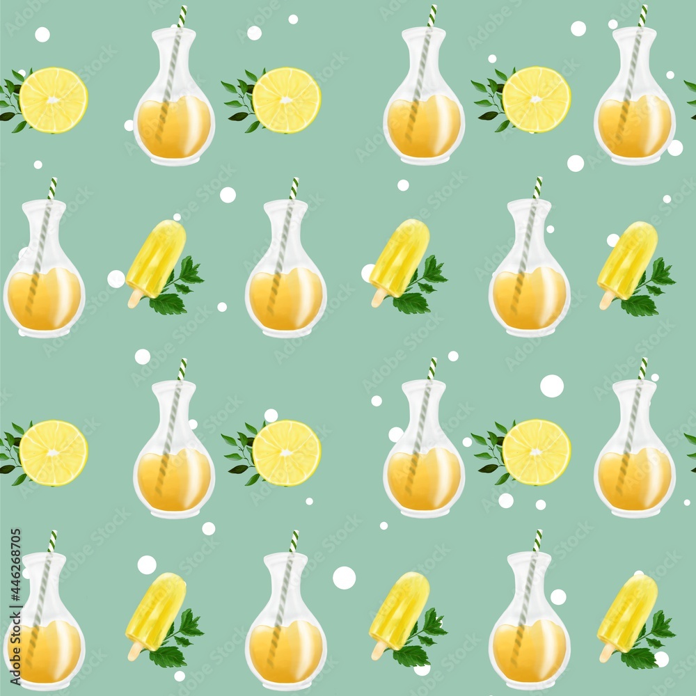 Sweet and fresh seamless pattern with ice cream and lemons on the mint background with white dots. Lovely illustration for wrapping paper, textile, decorations.