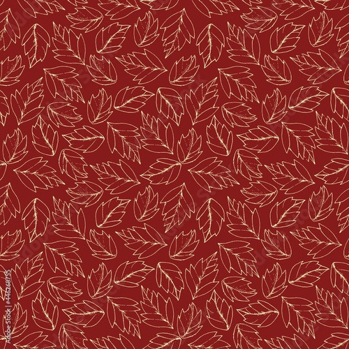 red autumn nature foliage leaves repeat seamless pattern doodle cartoon style wallpaper vector illustration