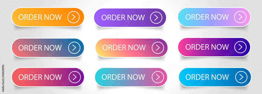 Set of colorful order now buttons with arrow isolated on white background. Vector illustration