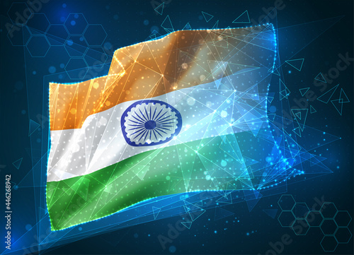 India, vector flag, virtual abstract 3D object from triangular polygons on a blue background