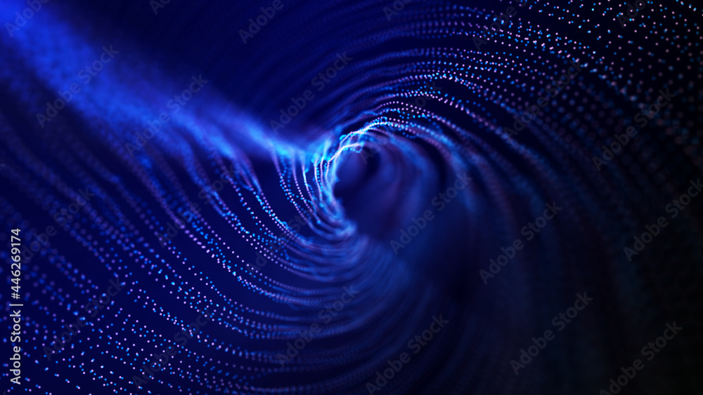 Naklejka premium Abstract particle vortex. Futuristic dynamic wave moving in space. Illustration with explosion of data. 3d rendering.