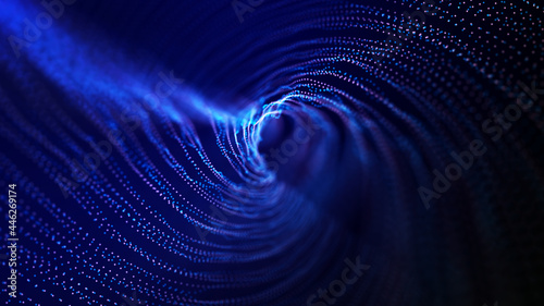 Abstract particle vortex. Futuristic dynamic wave moving in space. Illustration with explosion of data. 3d rendering. photo