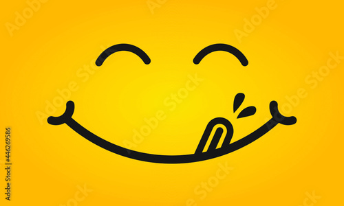 Yummy smile emoticon with tongue lick mouth. Tasty food eating emoji face. Delicious cartoon with saliva drops on yellow background. Smile face line design. Savory gourmet. Yummy vector