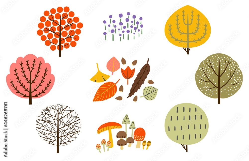 北欧風の丸い形の木と落ち葉 きのこ 草花のイラスト素材セット Stock Illustration Adobe Stock