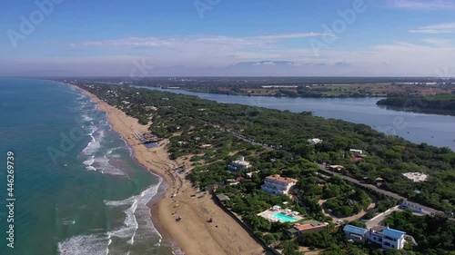 The beach of Sabaudia, the lake of Paola and the profile of the sorceress Circe.
The famous beach of Sabaudia with its luxurious villas on the sea. Aerial view.