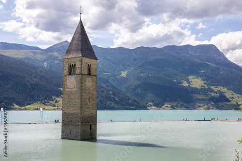 Submerged Bell Tower of Curon at Graun at Vinschgau on Lake Reschen in South Tyrol, Italy