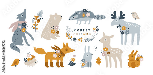 Forest animals collection for kids. Fox, wolf, bunny, deer, elk, badger, squirrel, hedgehog, bird. Hand-drawn animal for kids party, Invitation, Montessori, Happy birthday. For kids design and decor