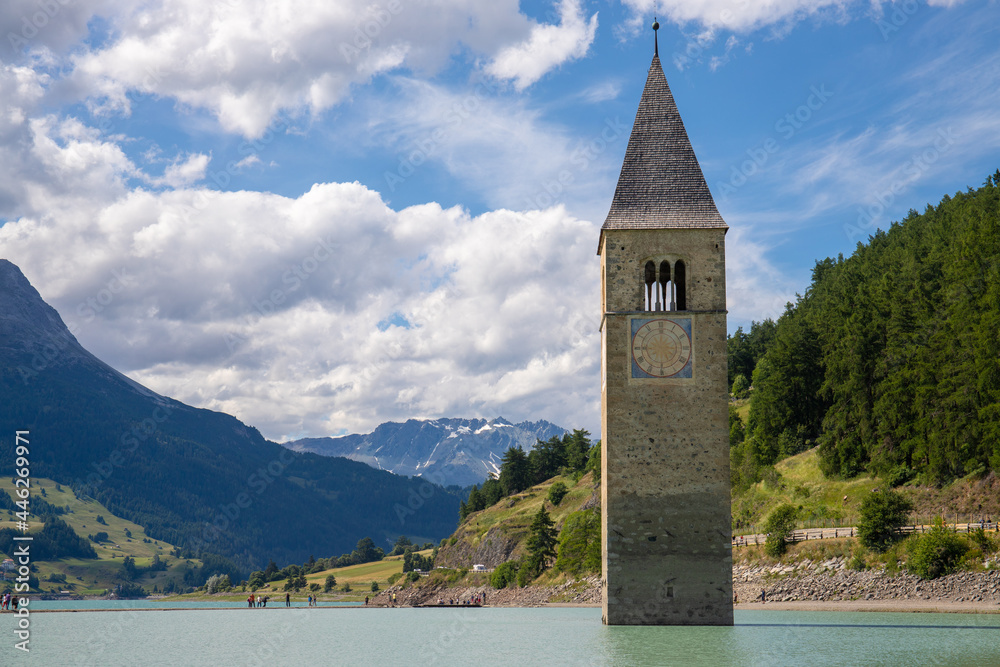 Submerged Bell Tower of Curon at Graun at Vinschgau on Lake Reschen in South Tyrol, Italy