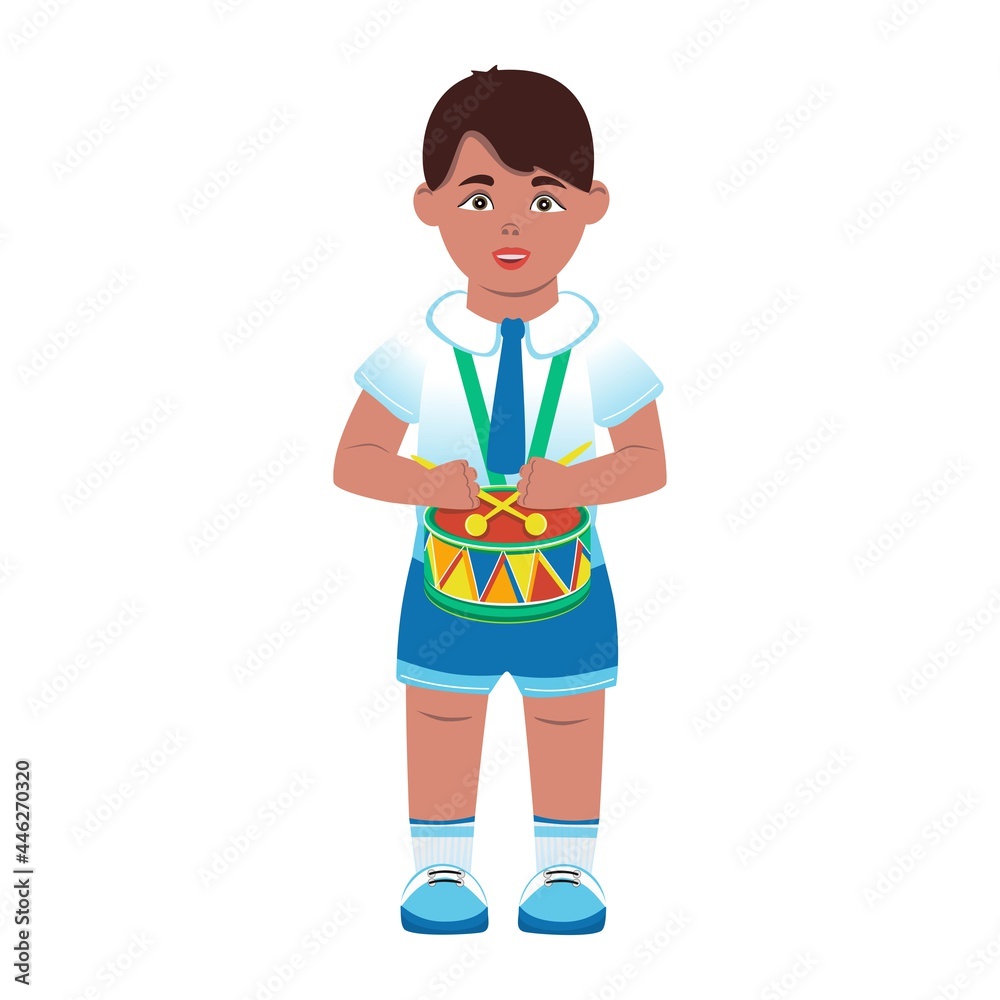Boy with a drum. Vector. Cartoon drawing. Flat style. Boy with a drum. Vector. Cartoon drawing. Flat style.
