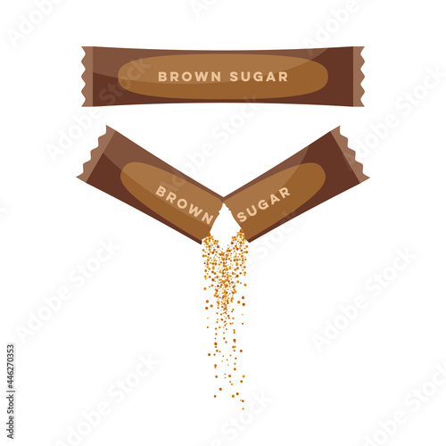 Brown sugar stick, personal sachet for adding to coffee or tea. Vector illustration cartoon icon isolated on white background.