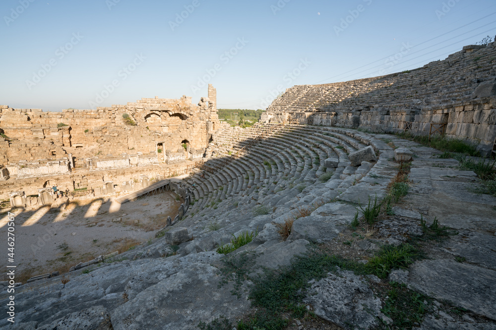 Ruins of the ancient amphitheater in Perge. Perge theatre was constructed in the Greco-Roman style. Perge is an ancient Greek city in Antalya on the southern Mediterranean coast of Turkey.