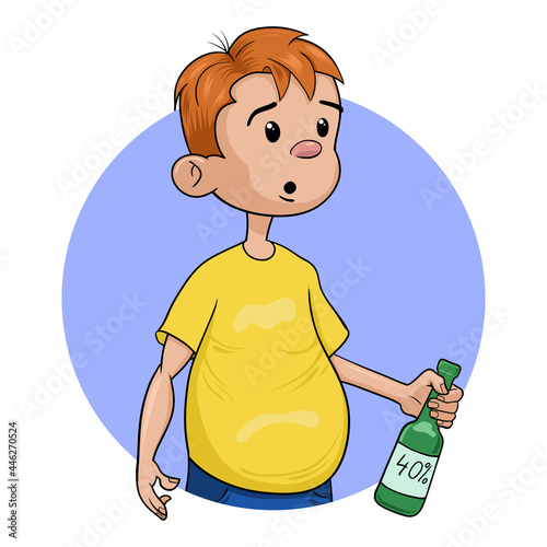 Young man with a bottle of alcohol. The guy is addicted to drinking. A drunkard with a bottle. Vector illustration in cartoon style.