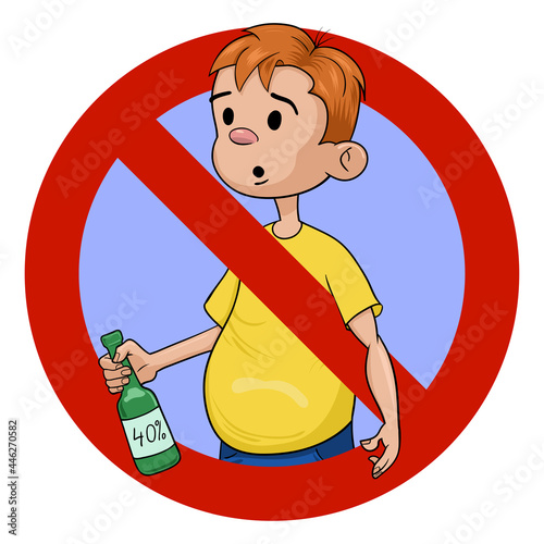 Stop drinking alcohol. Don't drink alcohol. Young man with a bottle of alcohol crossed out. Vector illustration in cartoon style.