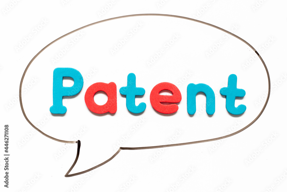 Alphabet letter with word patent in black line hand drawing as bubble speech on white board background Alphabet letter with word patent in black line hand drawing as bubble speech on white board background