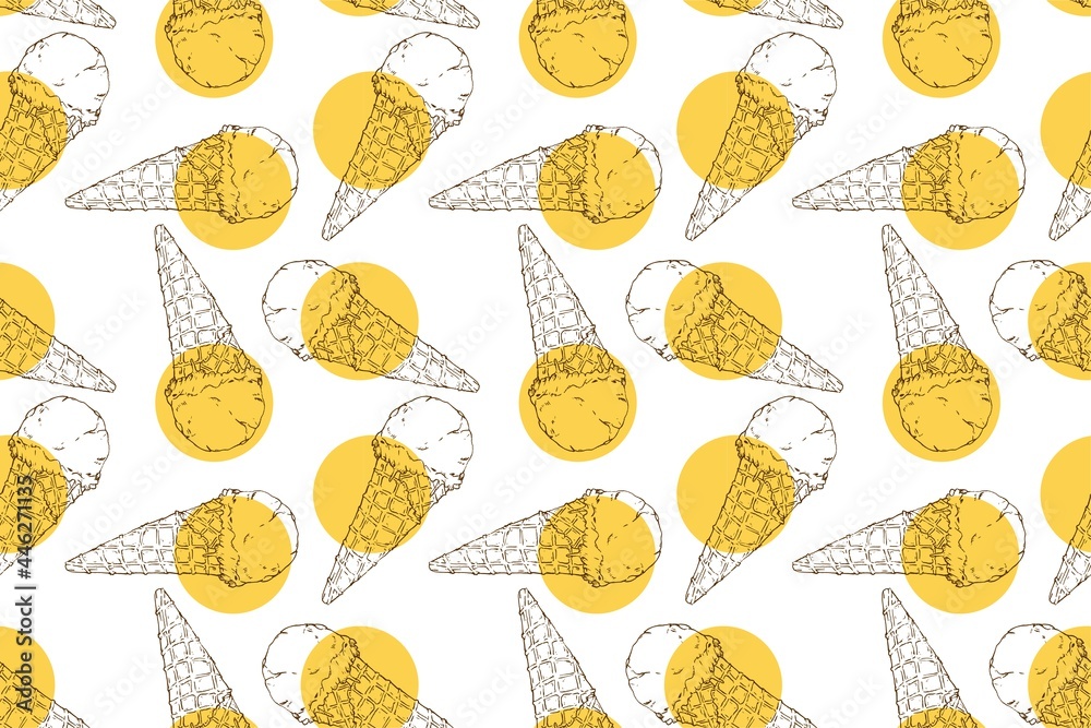 tasty fresh ice cream cone yellow cream repeat seamless pattern doodle cartoon style wallpaper
