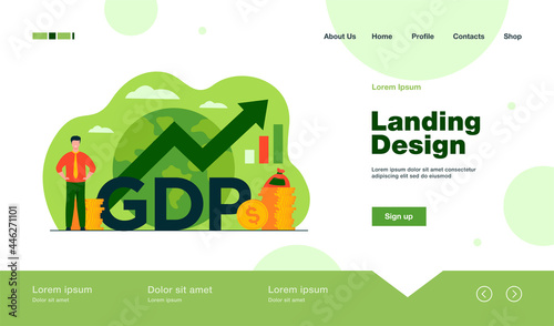 Gross domestic product concept. Growth arrow chart with globe, stacks of money, happy tiny professional. Flat illustration for national economy, monetary policy, global finance topics