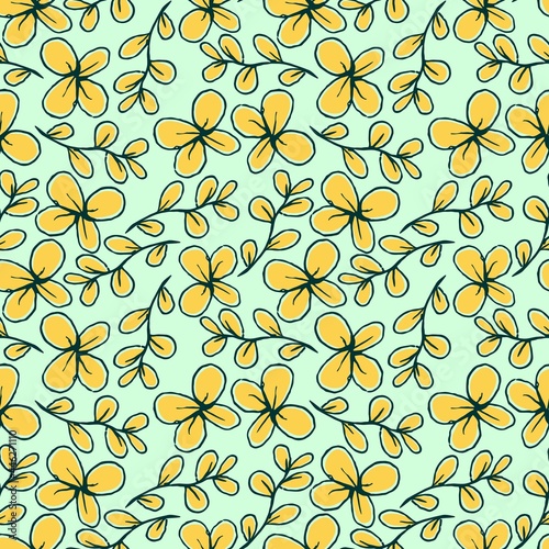 fresh green yellow nature foliage flower leaves repeat seamless pattern doodle cartoon style wallpaper vector illustration