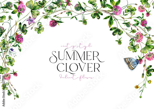 Clover Flowers Bouquet Watercolor Backdrop Isolated on White.