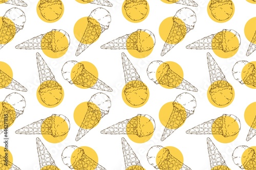 tasty fresh ice cream cone yellow cream repeat seamless pattern doodle cartoon style wallpaper vector illustration