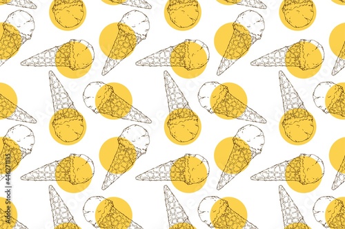 tasty fresh ice cream cone yellow cream repeat seamless pattern doodle cartoon style wallpaper vector illustration