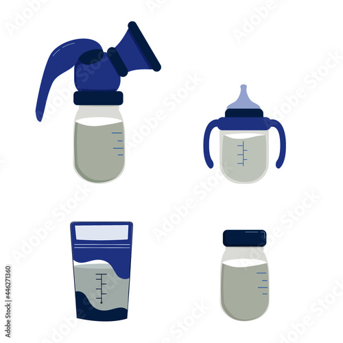 Breast feeding kit set vector illustration. Breast pump, breast milk bag, pacifier bottle