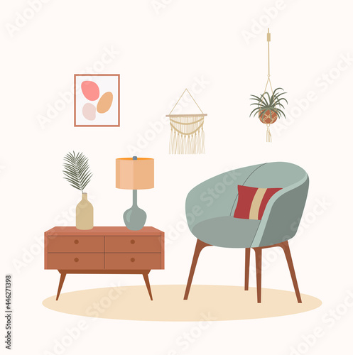 Comfortable chair, lamp and house plants. Scandinavian interior. Vector flat cartoon illustration