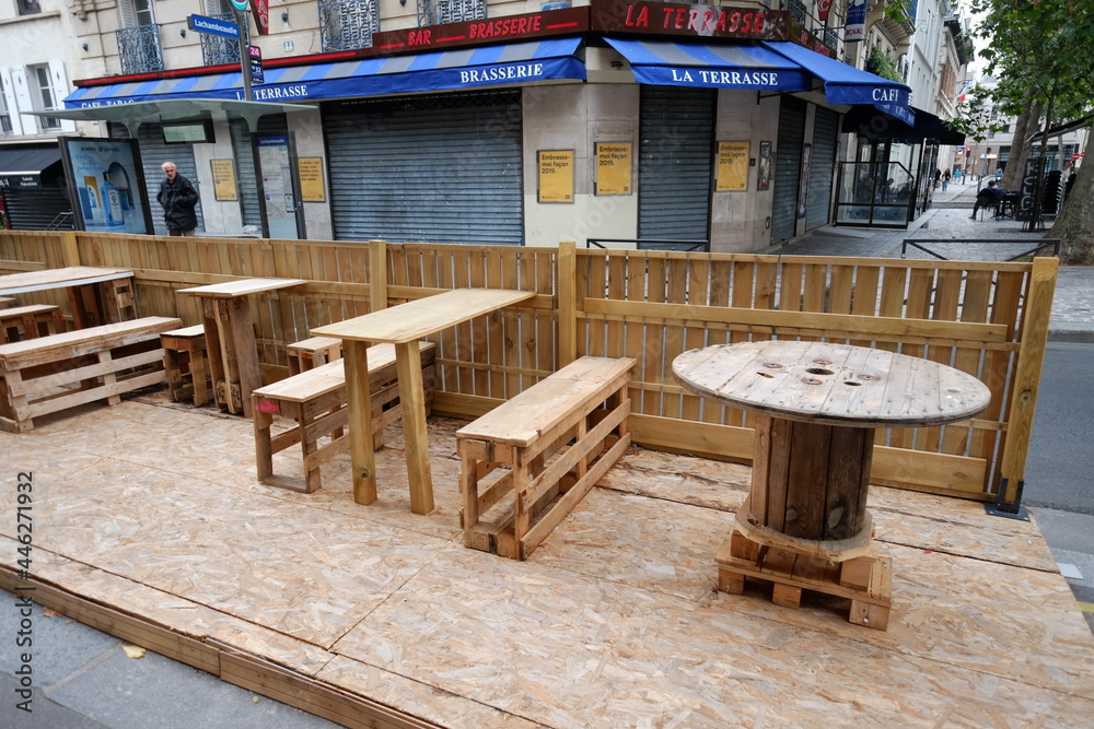 A horrible terrace in the street of Paris, a place created outside during the covid-19 pandemic. July 2021, Paris, France.