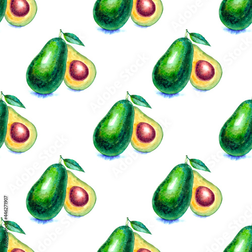 Ripe avocado seamless pattern, watercolor avocado.