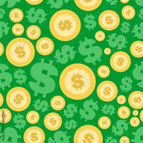 vector illustration green gold coin dollar money economy symbol repeat seamless pattern doodle cartoon style wallpaper