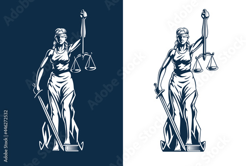 Themis goddess sculpture isolated on white background. Lady justice with scales and sword in hands. Judiciary symbol. Vector illustration.	
 photo