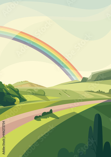 Landscape with hills and rainbow. Natural scenery in vertical orientation.