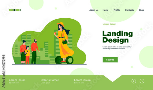 Woman riding hoverboard. Girl holding takeaway coffee cup flat vector illustration. Eco transport, transportation concept for banner, website design or landing web page