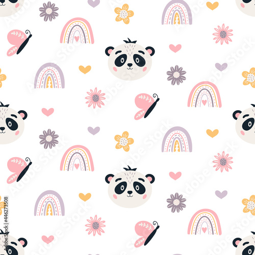 Panda Seamless pattern Cute baby bear vector background