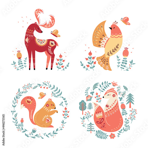 Folk forest vector animals flowers Scandinavian floral