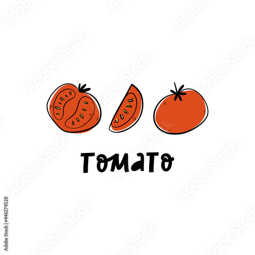 Slice, half, whole tomato isolated on white background. 