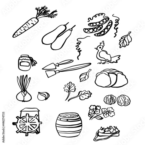 farm harvest, autumn harvest on the farm, eggplant, nuts,carrots, mill, bird, barrel of honey, barrel of kvass, barrel of mead, peas, calendula, acorns, oak leaves, autumn leaves, sapka, hoe, shovel, 