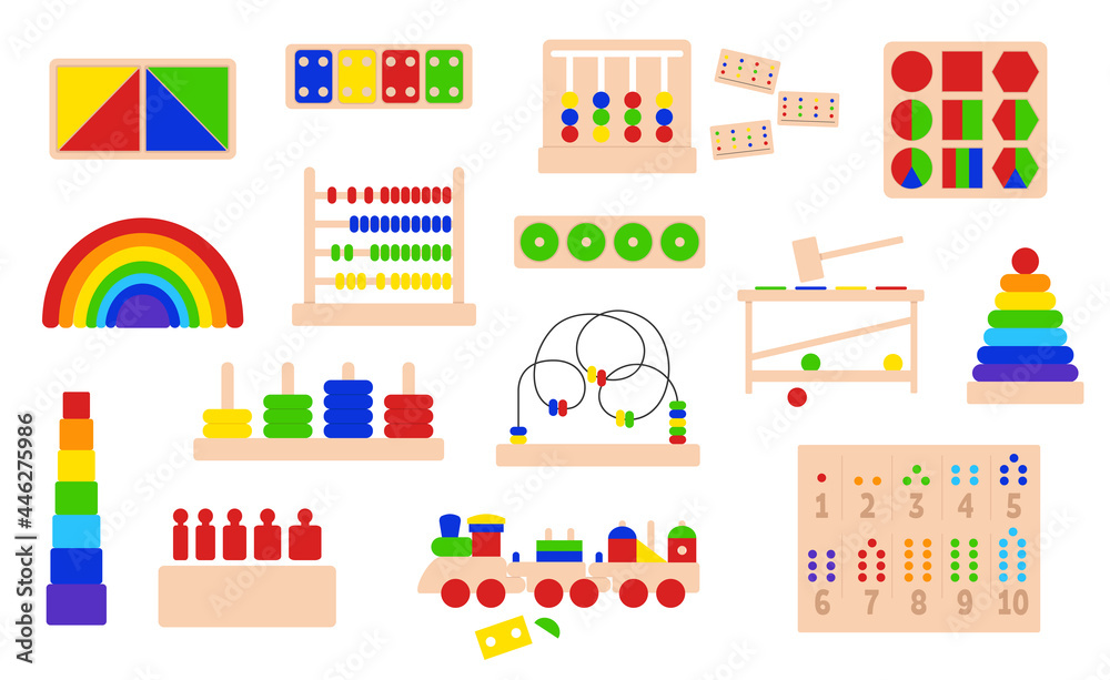 Collection of wooden Educational logic toys for Montessori games. Montessori system for early childhood development. Set of vector objects on a white background.