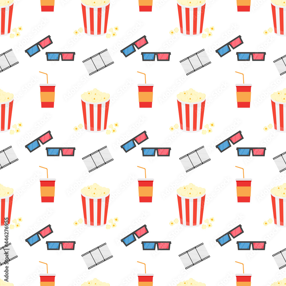 This is a seamless pattern texture of cinema objects on a white background. This is a seamless pattern texture of cinema objects on a white background.