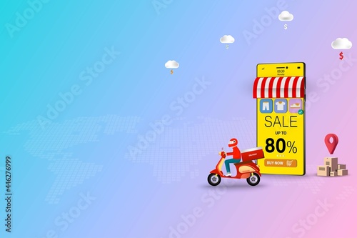 Concept of online shopping, delivery man riding a scooter in front of a big smartphone that the display contain discount rate and list of products in pastel color background.