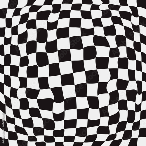 Convex checker race flag. Fish eye race ornament. Black and white vector.