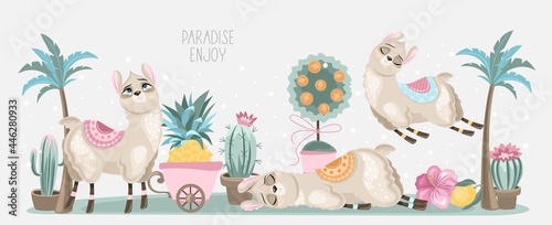 Summer banner with a cute Llama on a beautiful background. A handwritten greeting. Vector illustration.