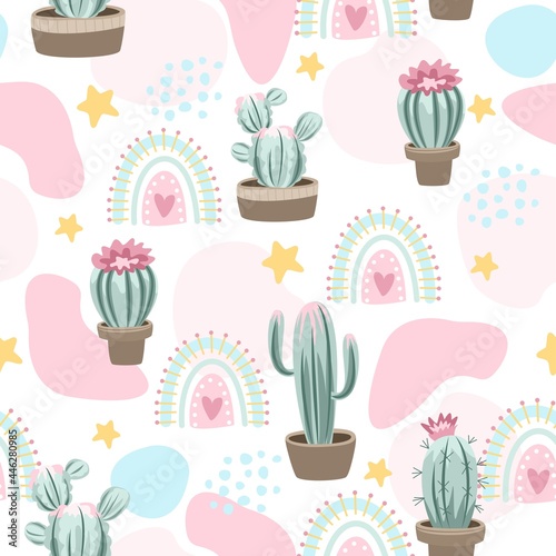 Seamless pattern with cute cactus on a summer background abstract. Vector illustration.