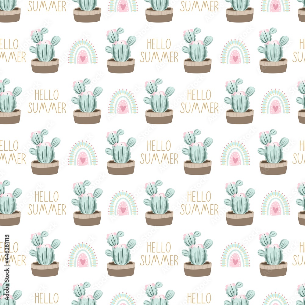 Seamless pattern with cute cactus on a summer background abstract. Vector illustration.
