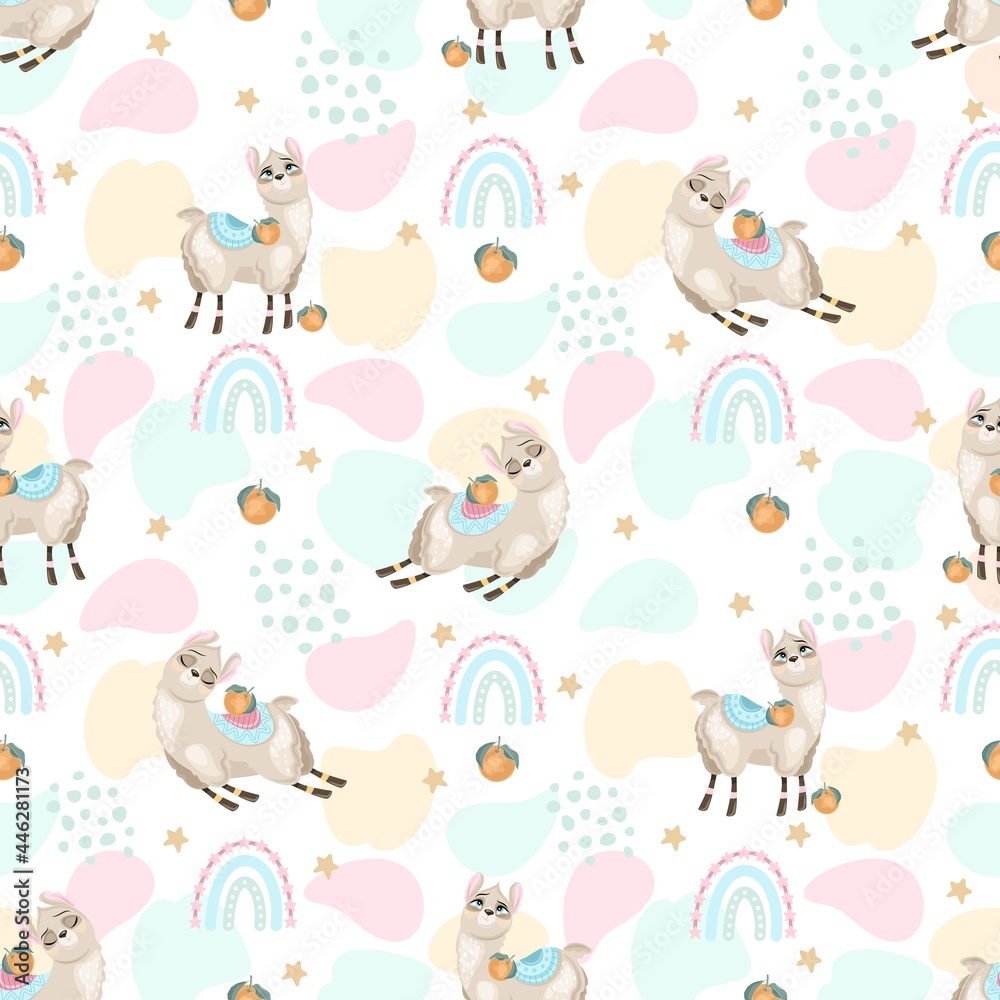 Seamless pattern with a cute Llama on a summer background. Vector illustration.