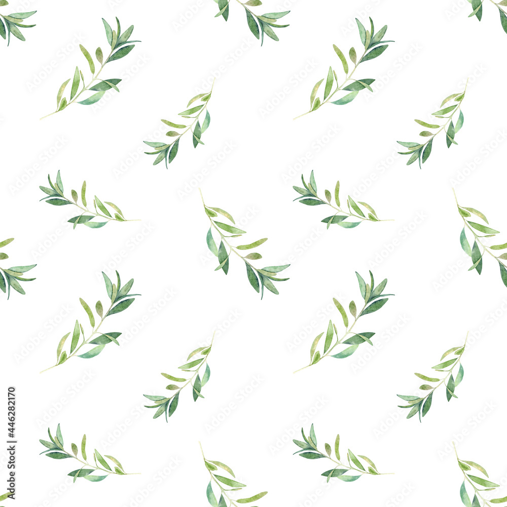 Watercolor seamless botanical pattern with olive branches on white background. Watercolor seamless botanical pattern with olive branches on white background.