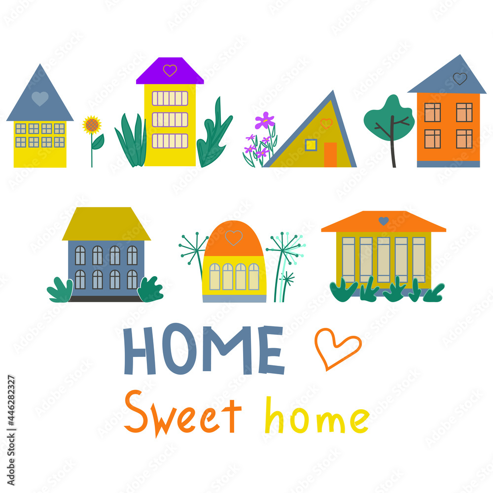 House collection. Country and city abstract buildings. Set of cottages with plants, village landscape, houses on white background. Flat vector illustration isolated on white, cartoon style
