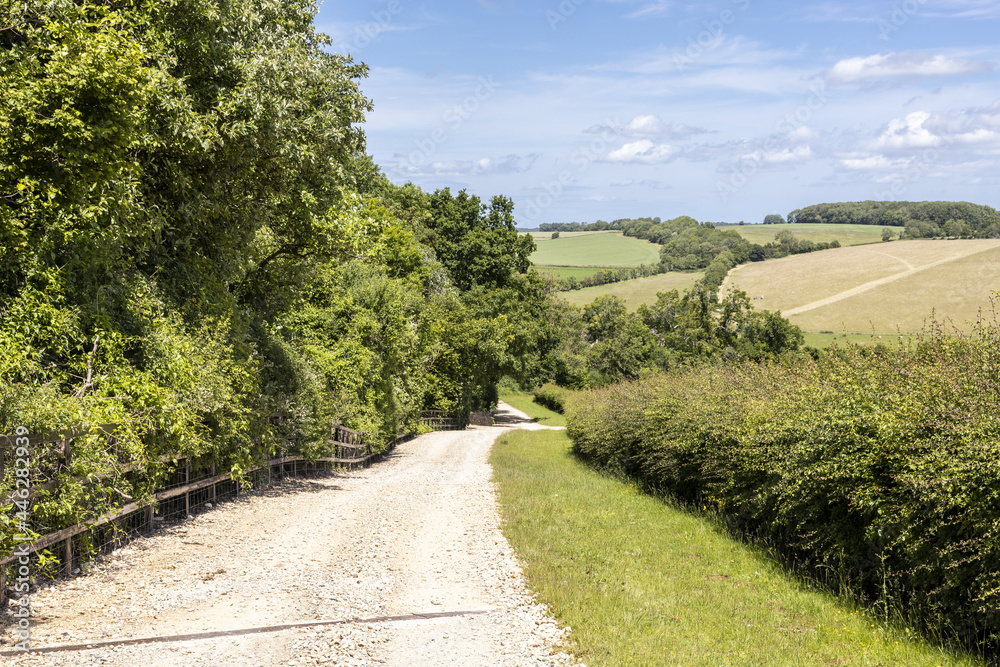 Campden Lane (an ancient drovers road) now a bridleway on the Cotswold Hills near the hamlet of Farmcote, Gloucestershire UK