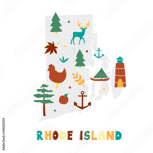 USA map collection. State symbols and nature on gray state silhouette - Rhode Island. Cartoon simple style for print